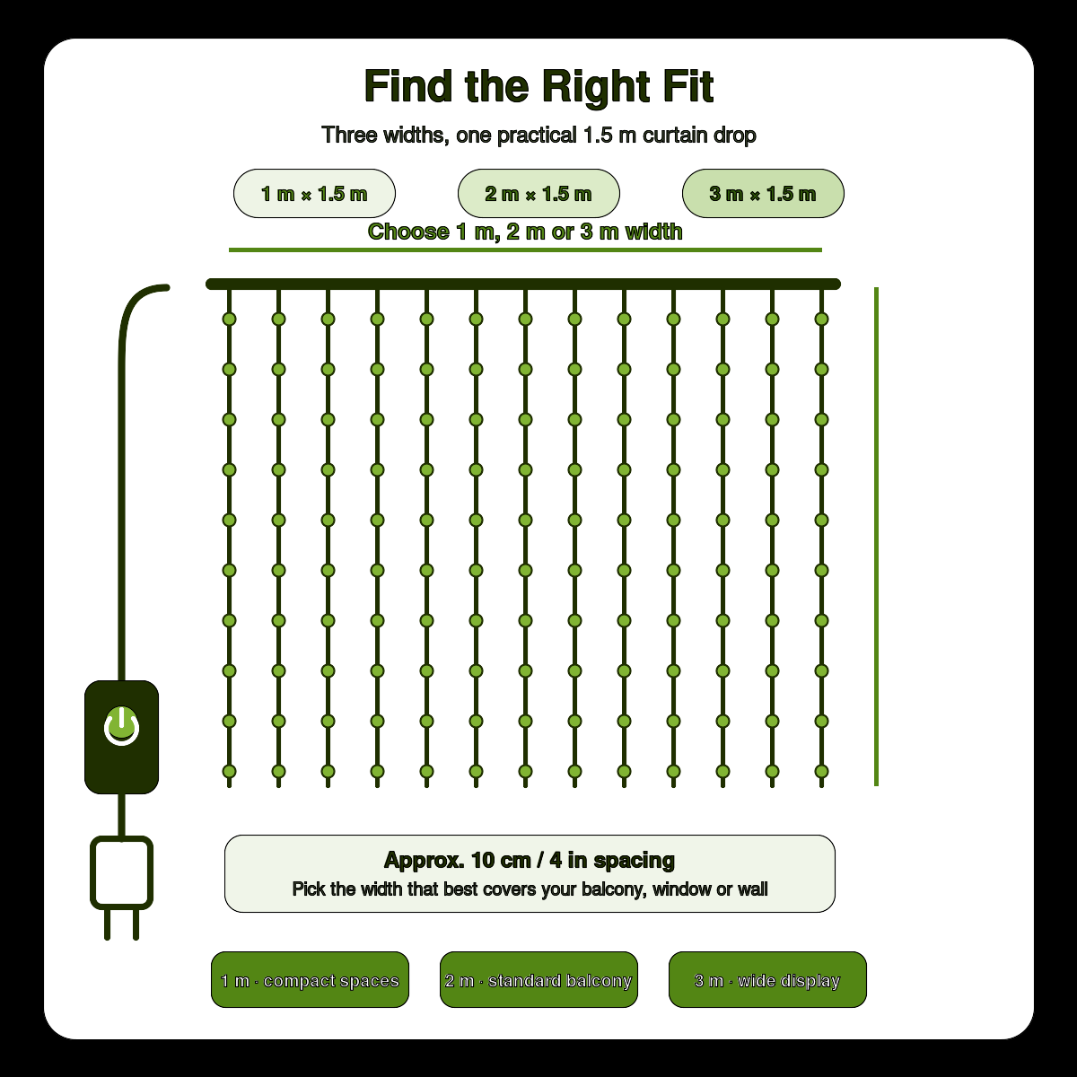 LED curtain sizes: 1 m, 2 m or 3 m wide, each with a 1.5 m drop