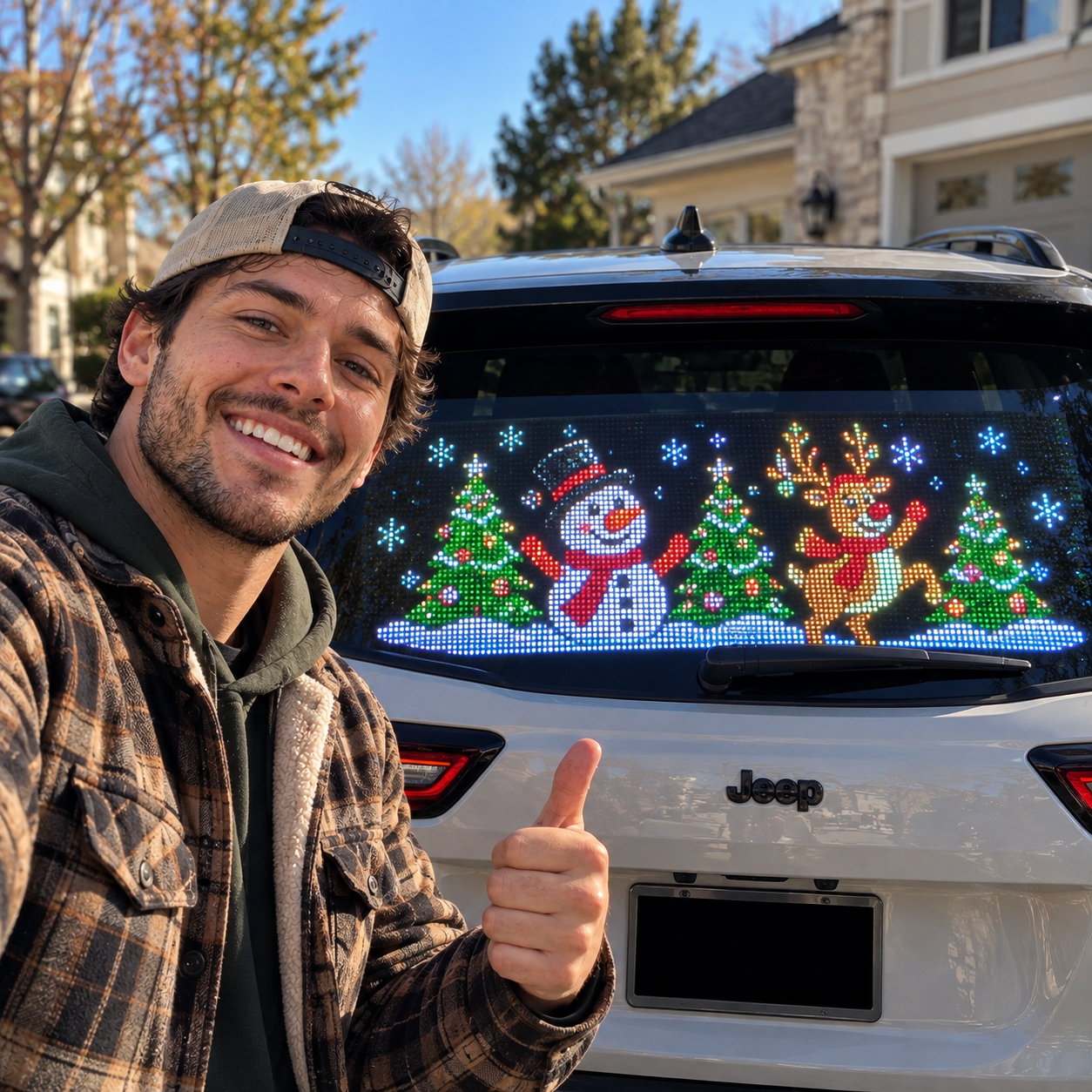 Snowman and reindeer Christmas LED display in a car rear window
