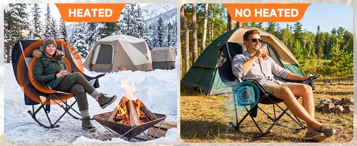 ABORON Heated Rocking Chair, XXL Oversized Folding Outdoor Camping Chair, Padded Lawn Chair - Oxford Fabric, Full Body Cushion, Built-in Cooler, Side Pocket, 400lb Capacity, for Balcony, Patio,Sports Events,Camping Gear【Battery Not Included】sohochic