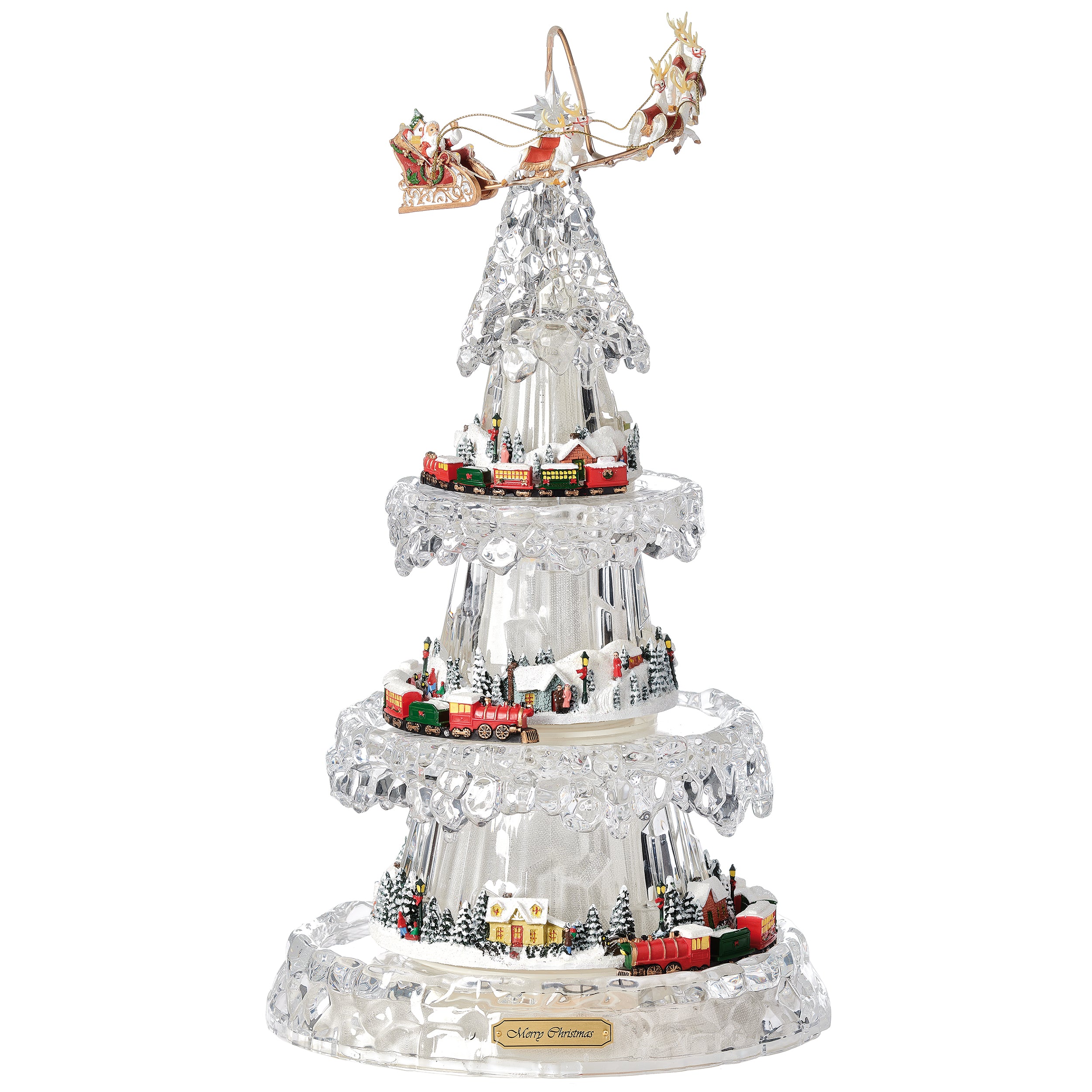 Crystal-style Christmas tree with train scenes and Santa at the top