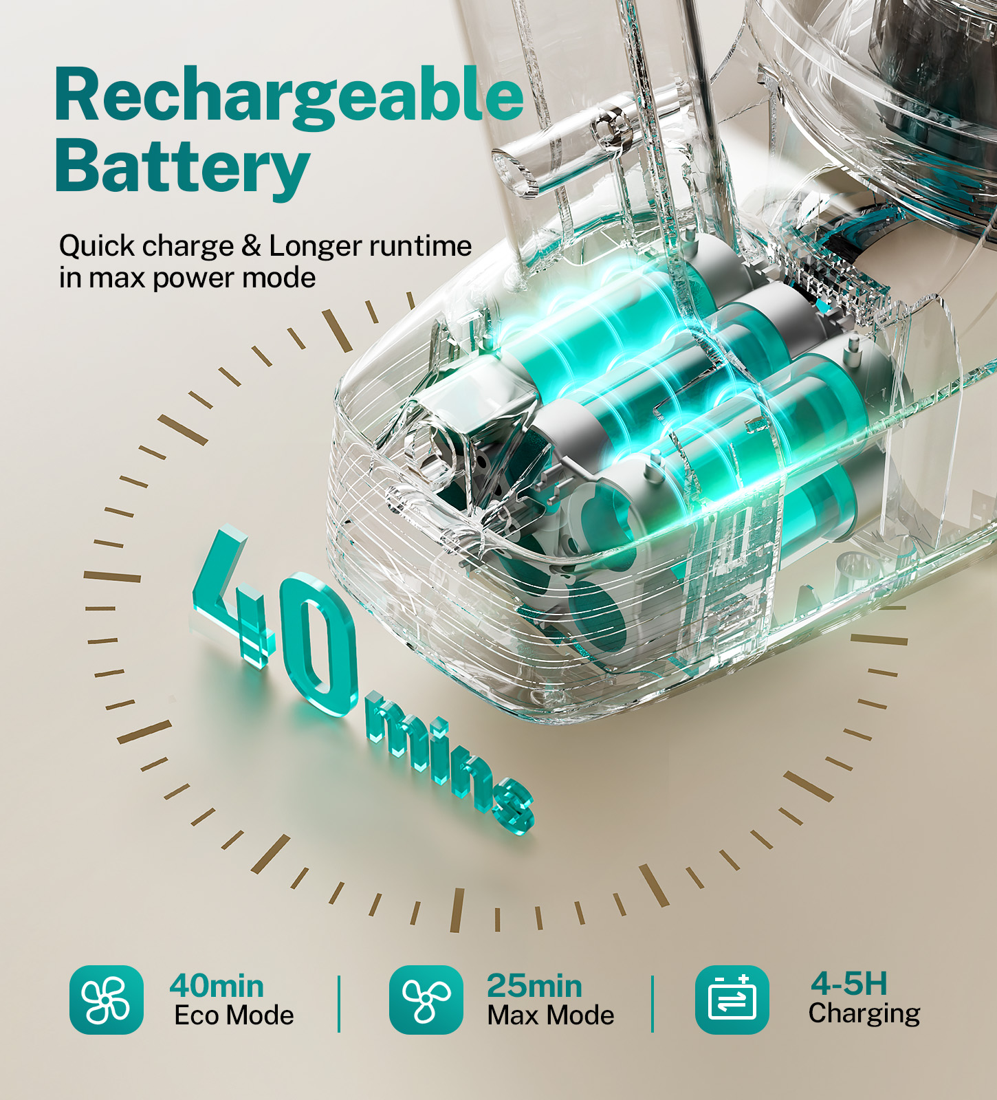 Vacuum battery runtime and product detail image