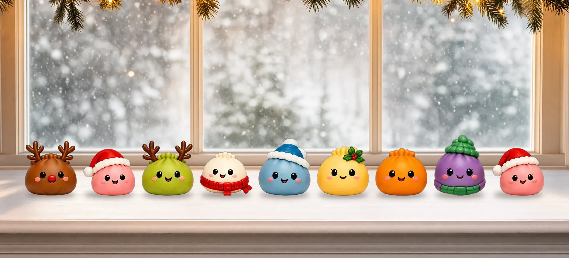 Nine festive dumpling squishies lined up on a snowy Christmas windowsill