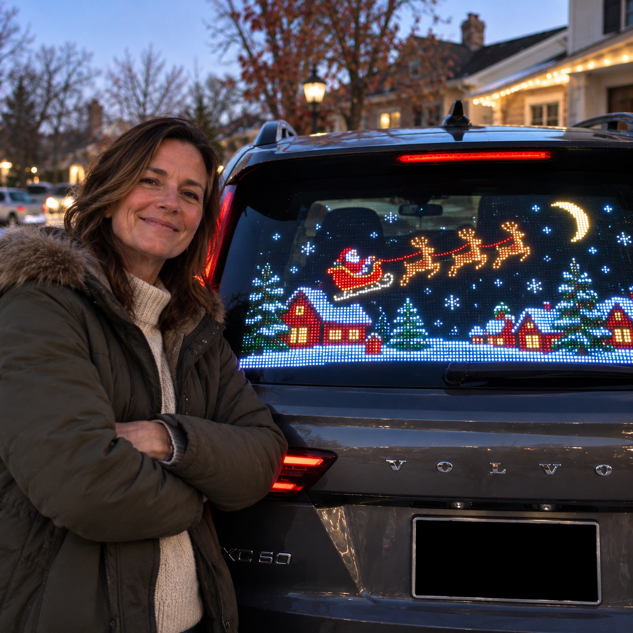 Santa sleigh Christmas LED display in a car rear window