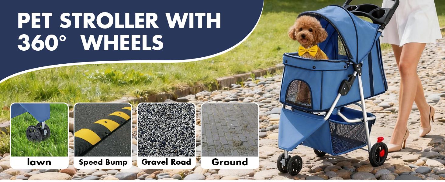 Sweetcrispy 3-Wheel Pet Stroller, 360° Swivel Front 6.3" Smooth Wheels, Oxford Fabric Breathable Mesh Carrier Bag, 11 lbs Lightweight Metal Frame, Waterproof Foldable Design, Storage Basket, Cup Holder Ready, Ideal for Small/Medium Dogs & Daily Park Walks