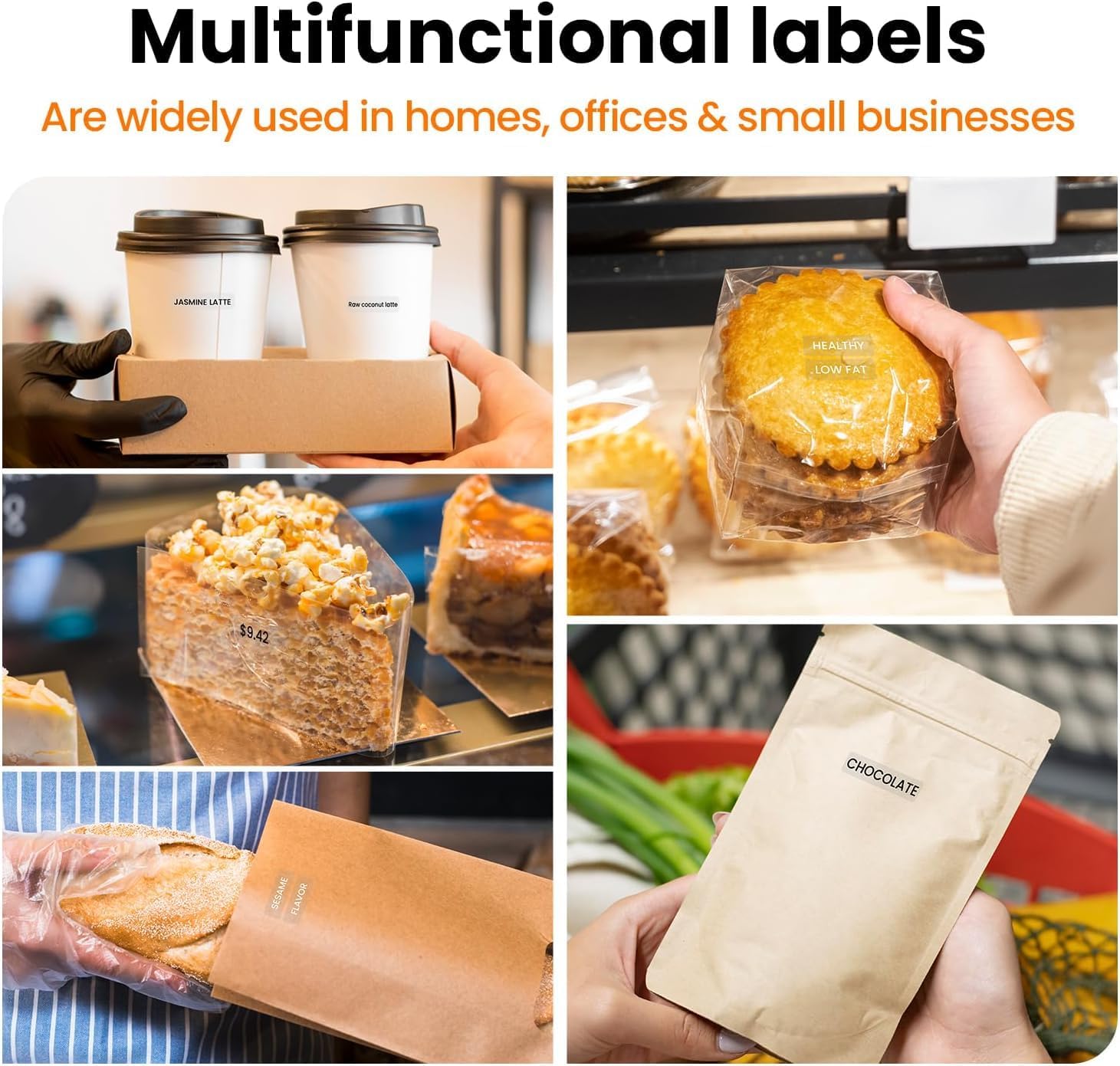 Labels on takeaway drinks, food containers, and paper packaging