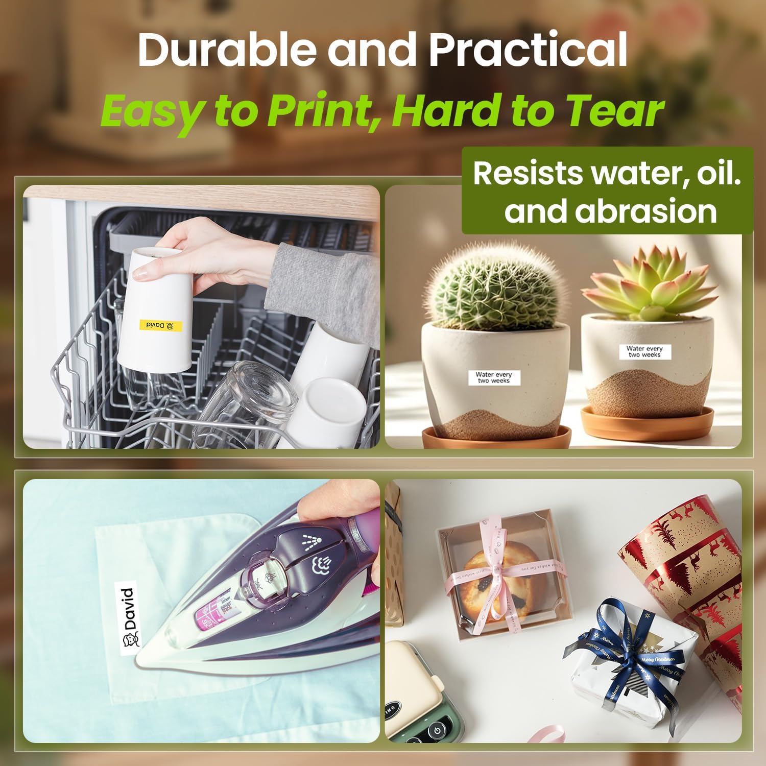 Green P15 printer showing label durability and everyday applications