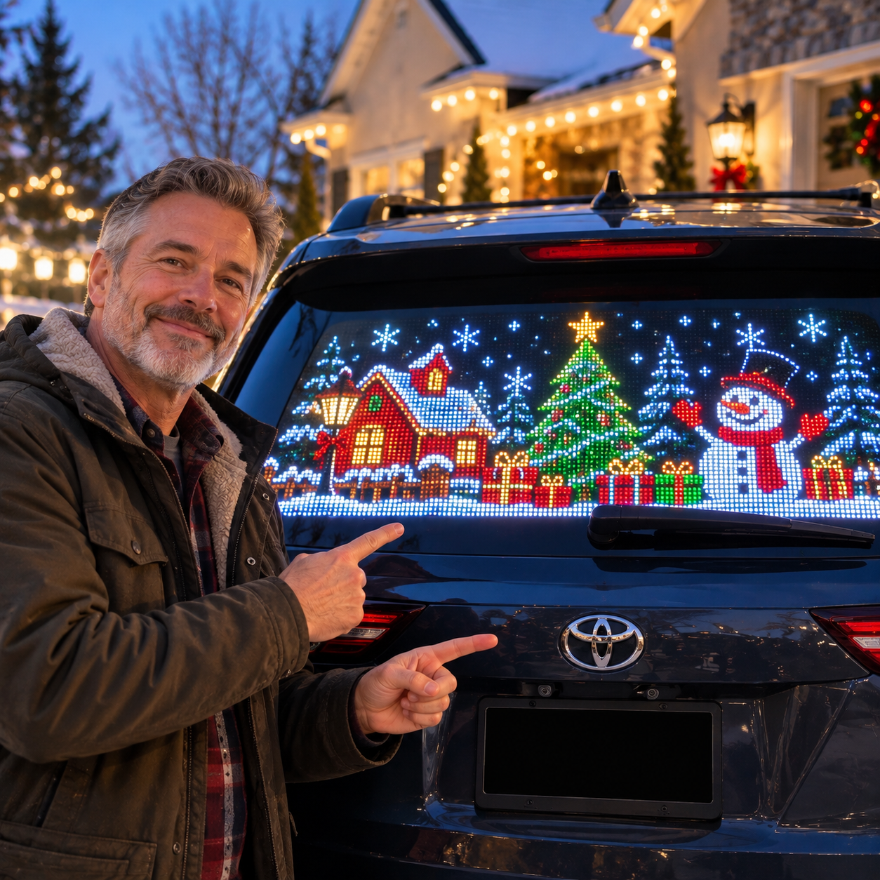 Christmas tree and snowman LED display in a car rear window