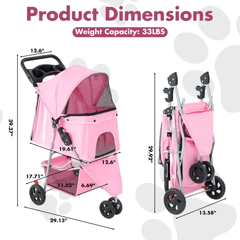 🐱🐶3-Wheel Pet Stroller, Foldable Breathable Pet Carrier for Small & Medium Dogs Cats