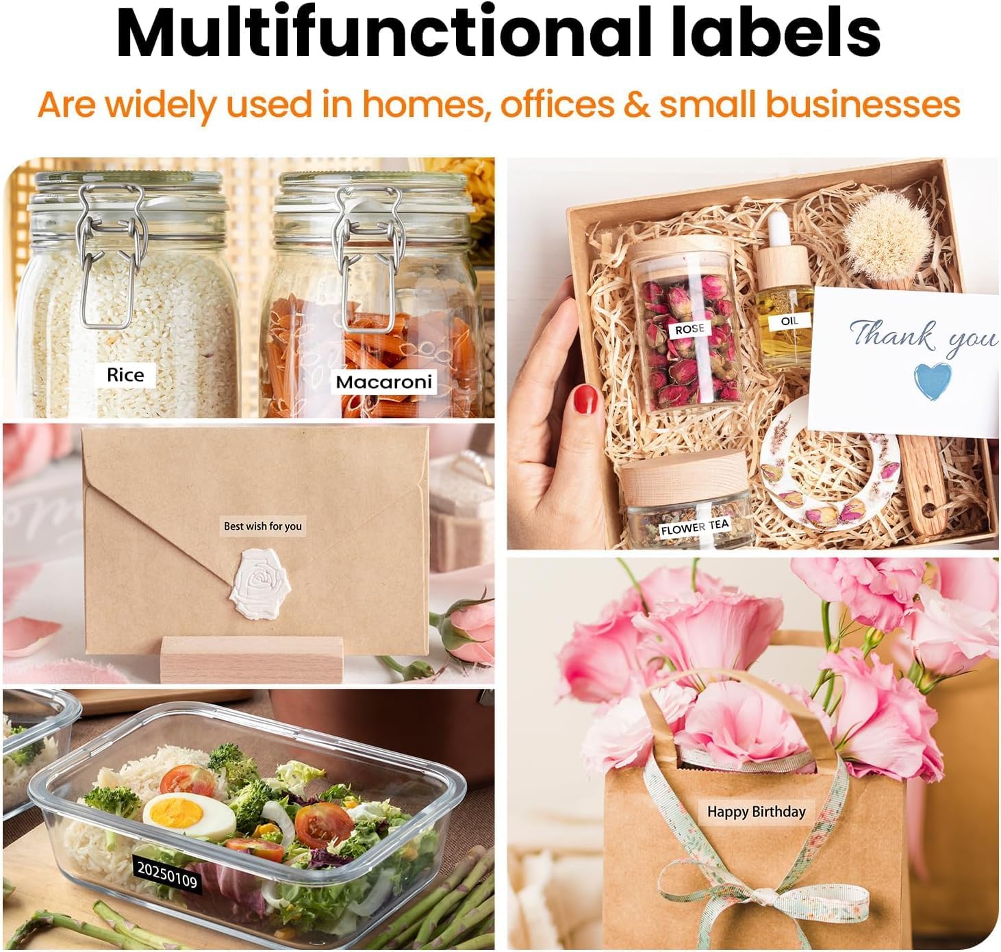 Labels for food containers, gifts, parcels, and flower arrangements