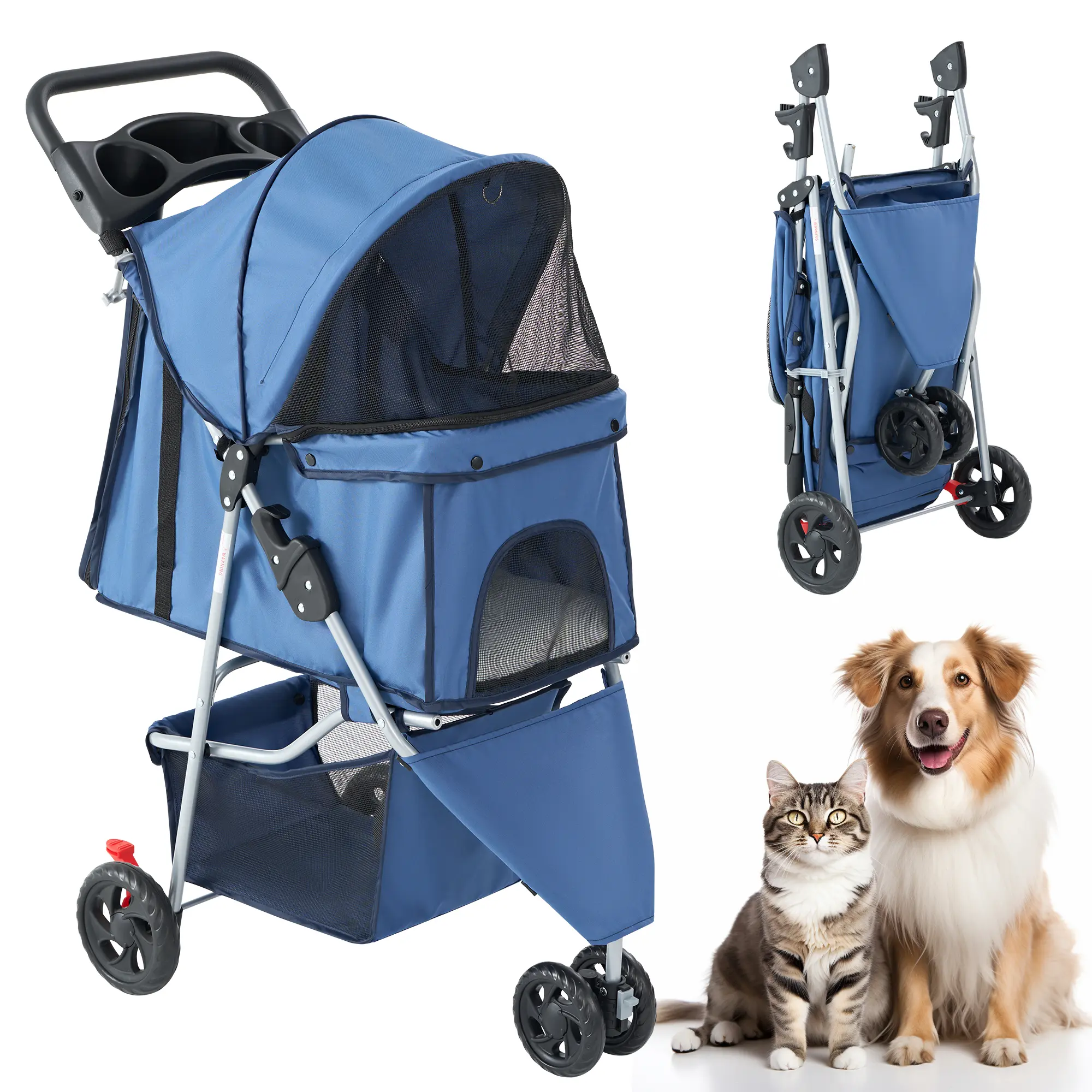 🐱🐶3-Wheel Pet Stroller, Foldable Breathable Pet Carrier for Small & Medium Dogs Cats