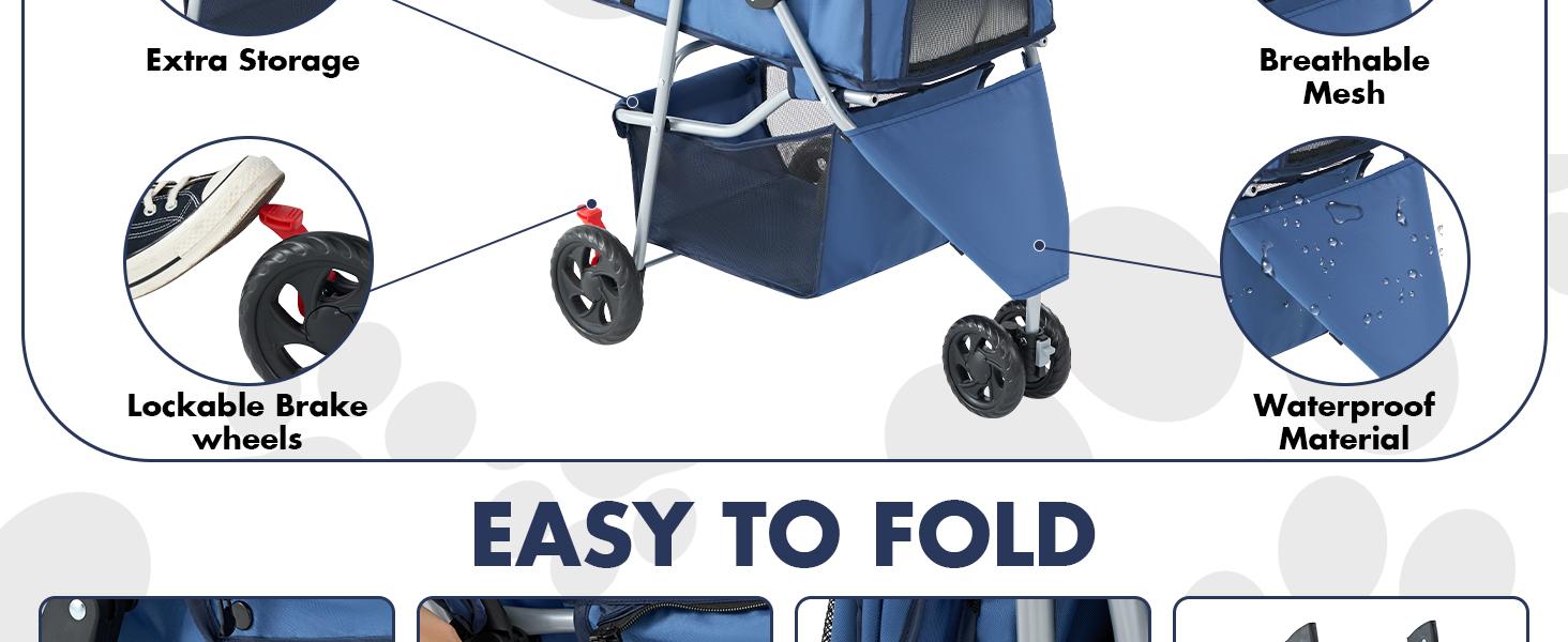 Sweetcrispy 3-Wheel Pet Stroller, 360° Swivel Front 6.3" Smooth Wheels, Oxford Fabric Breathable Mesh Carrier Bag, 11 lbs Lightweight Metal Frame, Waterproof Foldable Design, Storage Basket, Cup Holder Ready, Ideal for Small/Medium Dogs & Daily Park Walks