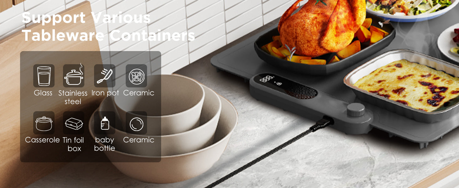 Different cookware compatible with the warming mat