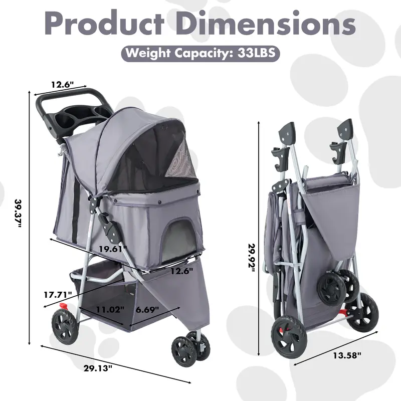 🐱🐶3-Wheel Pet Stroller, Foldable Breathable Pet Carrier for Small & Medium Dogs Cats