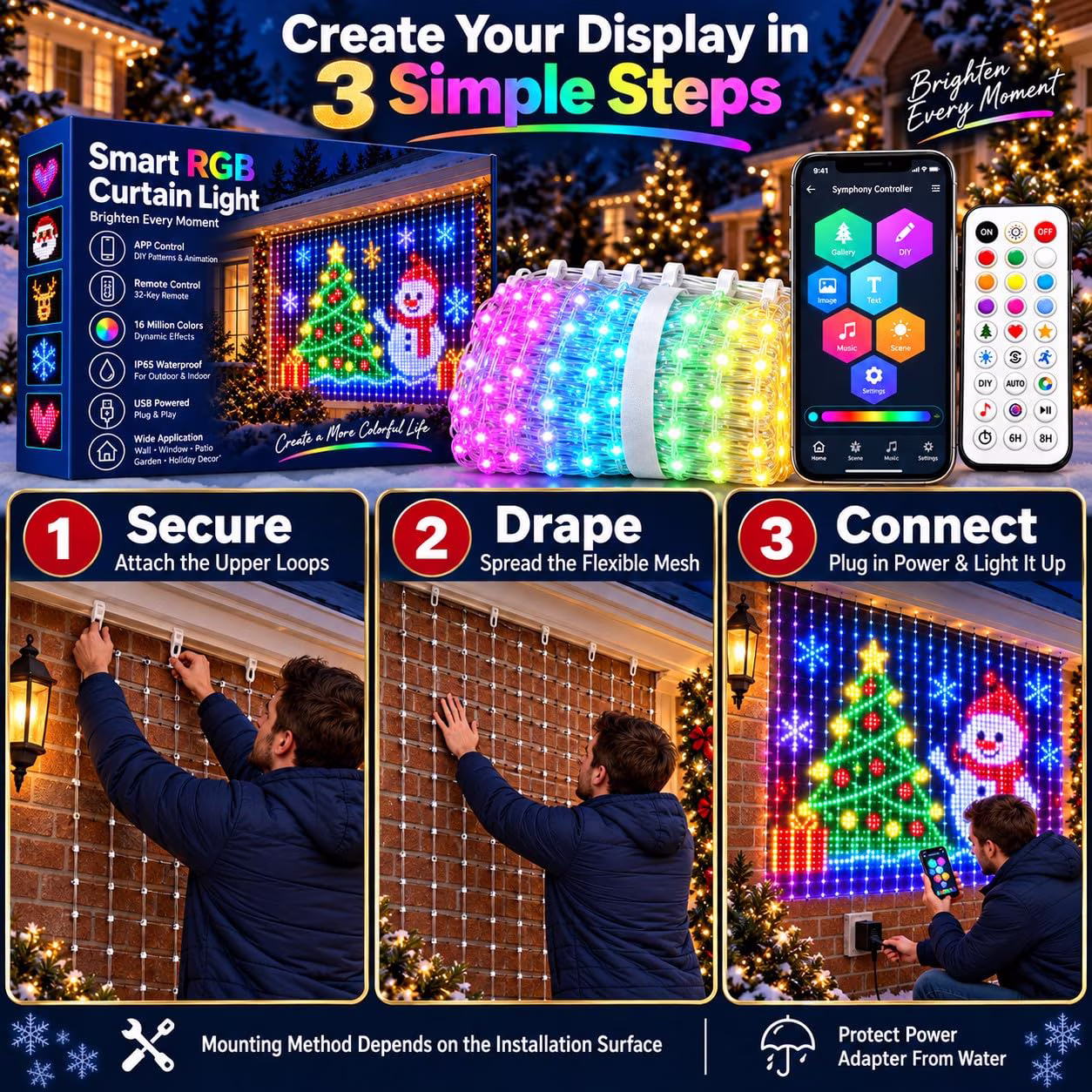 DIY LED Pixel Curtain Lights – App-Controlled Animated Christmas Display Screen