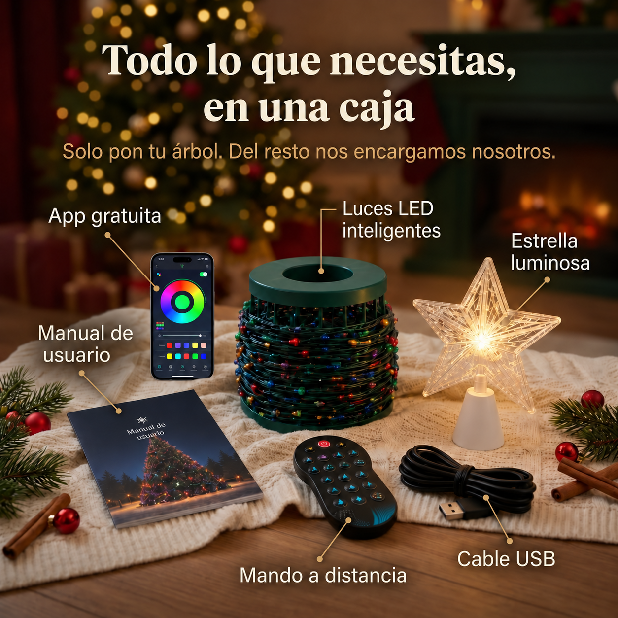 Conjunto de luces LED, mando, cable y accesorios