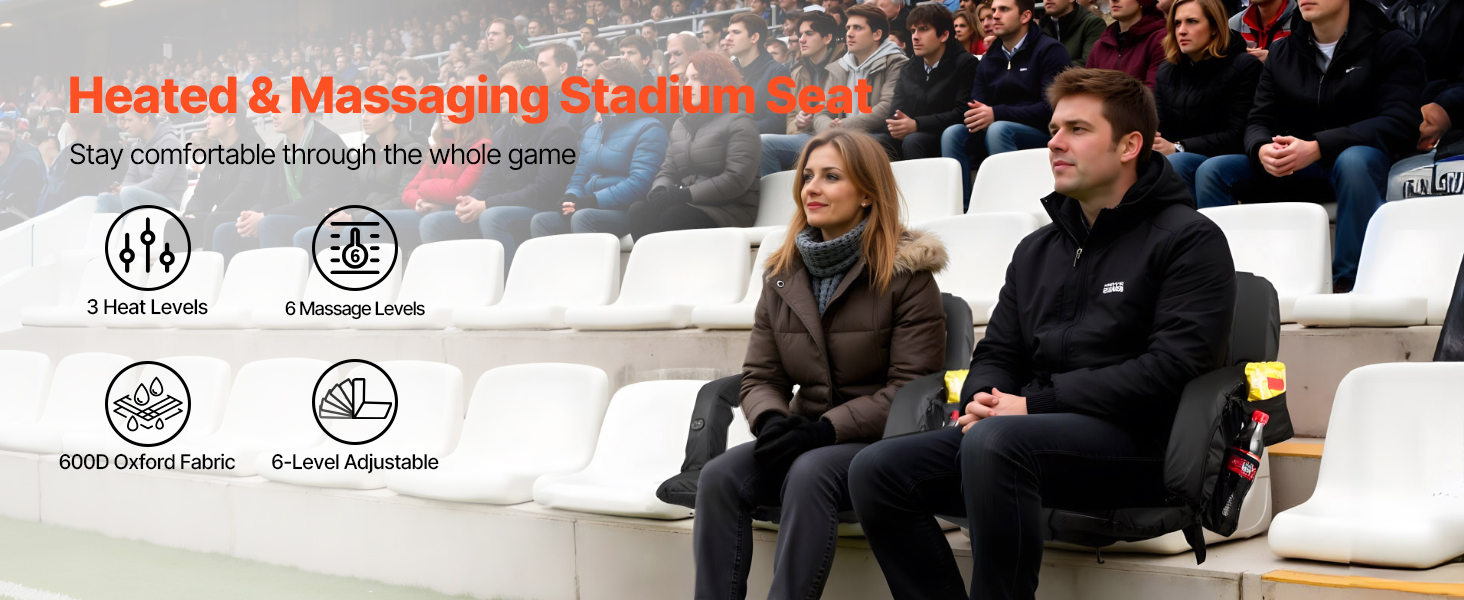 Heated stadium seat in use with heat, vibration, Oxford fabric and adjustable backrest details
