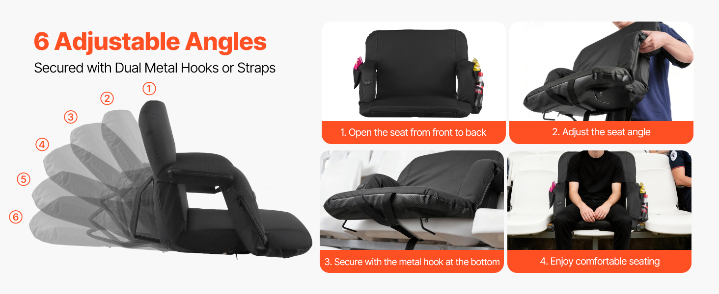 Six backrest positions and four illustrated setup steps with a bottom metal hook