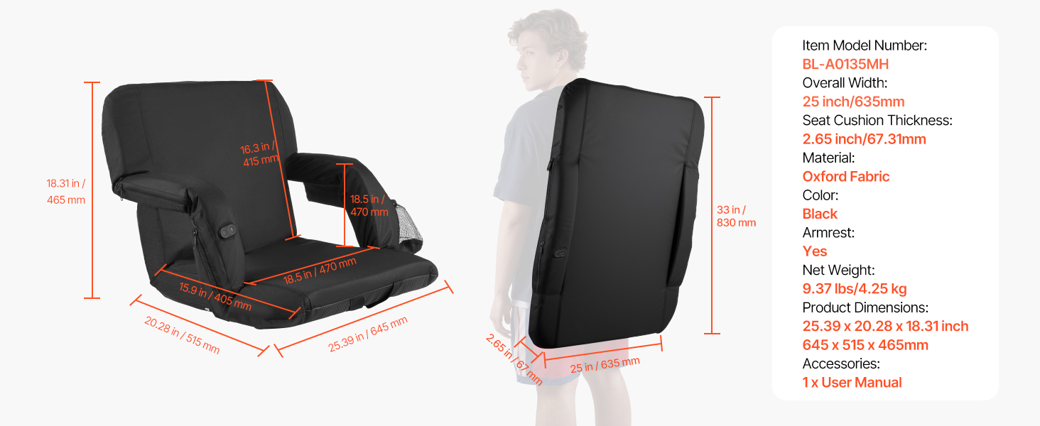 BL-A0135MH seat dimensions, 25 inch nominal width, 4.25 kg weight and listed user manual