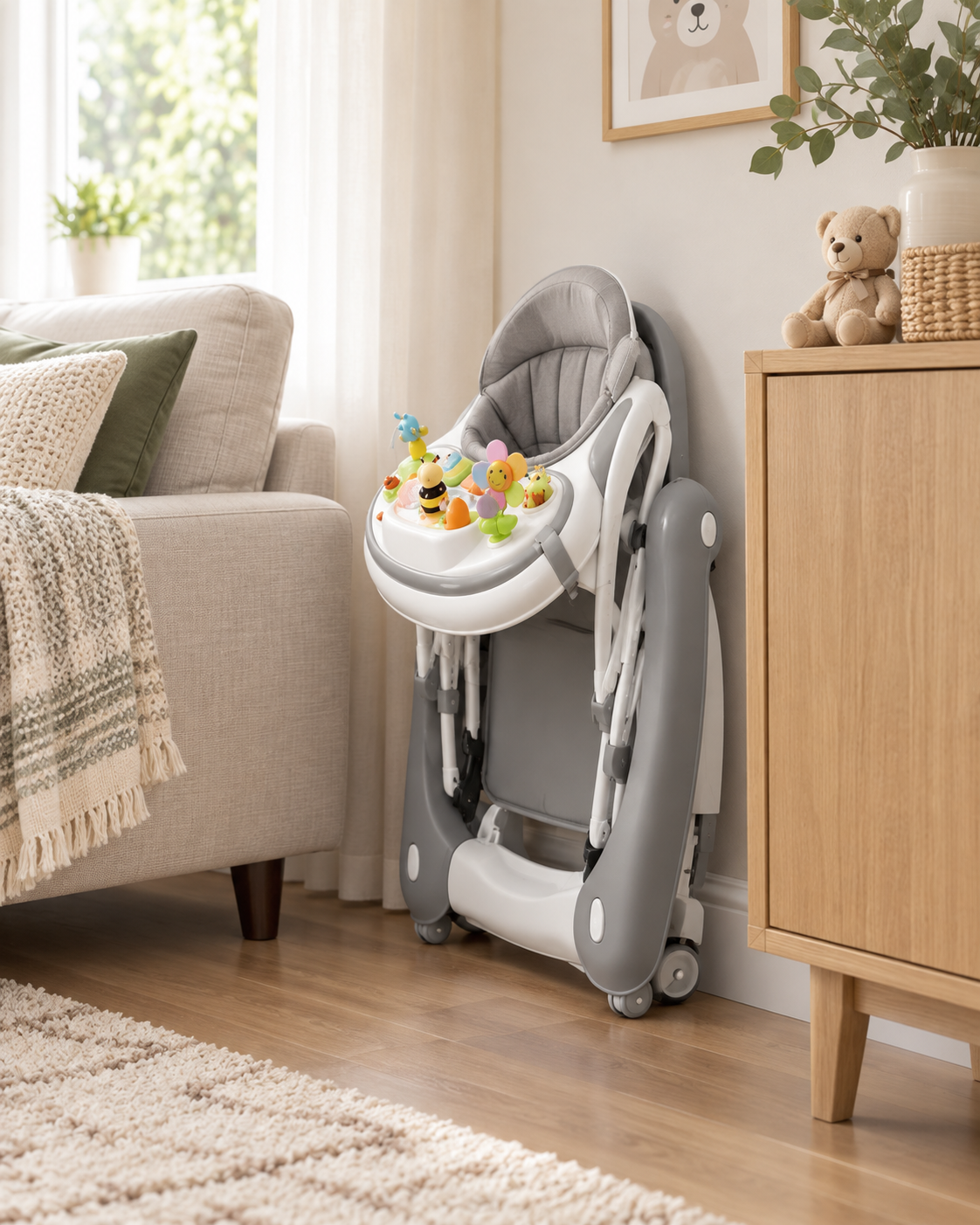 Folded baby walker stored beside furniture