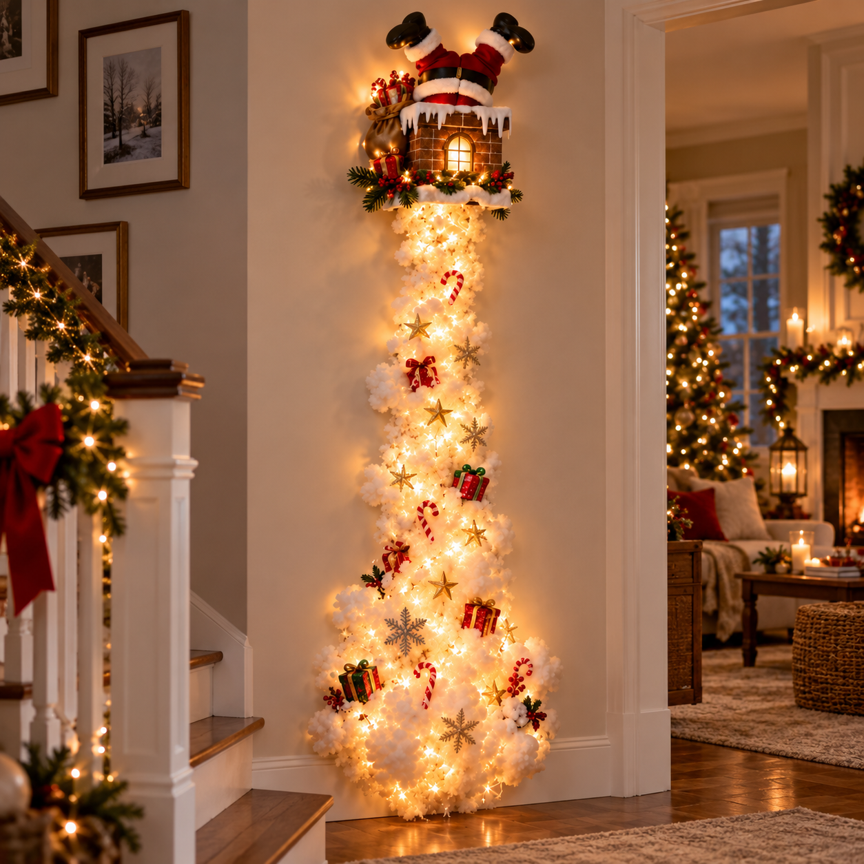 Stuck Santa LED wall decoration in a Christmas living room