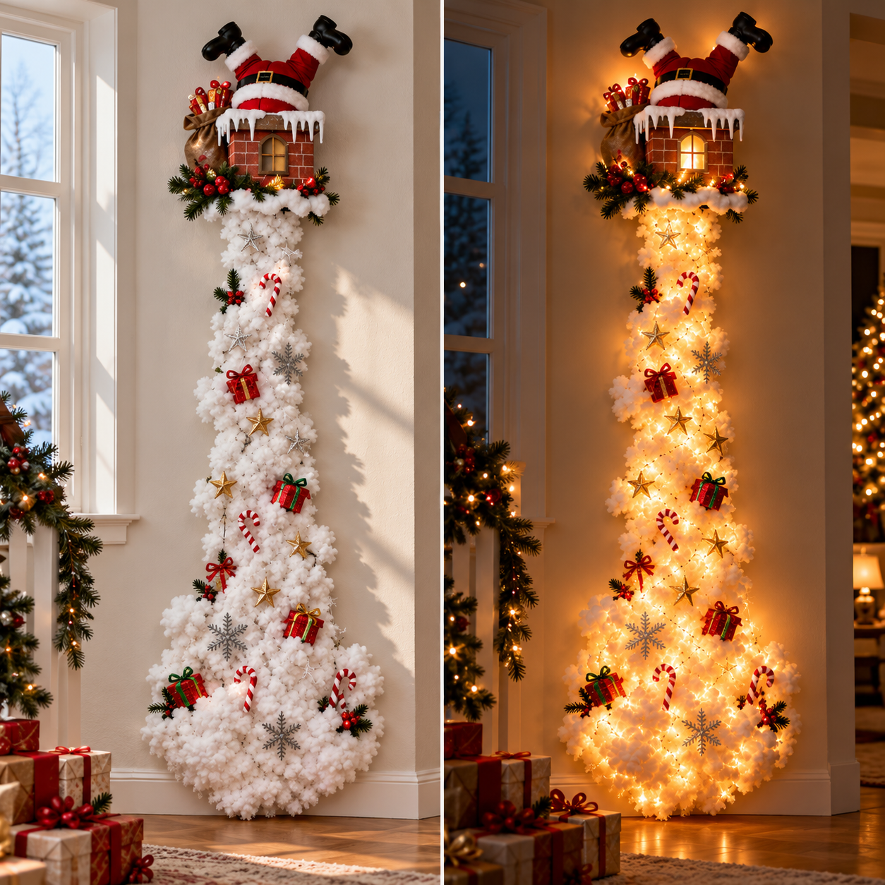 Santa wall decoration during the day and illuminated at night