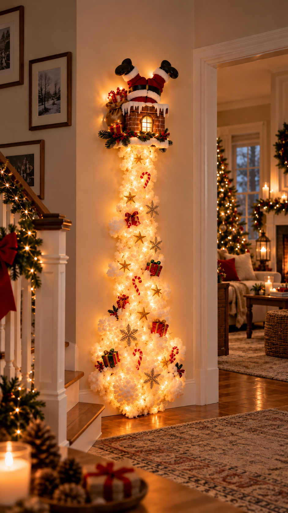 Santa chimney wall decoration with warm lights on