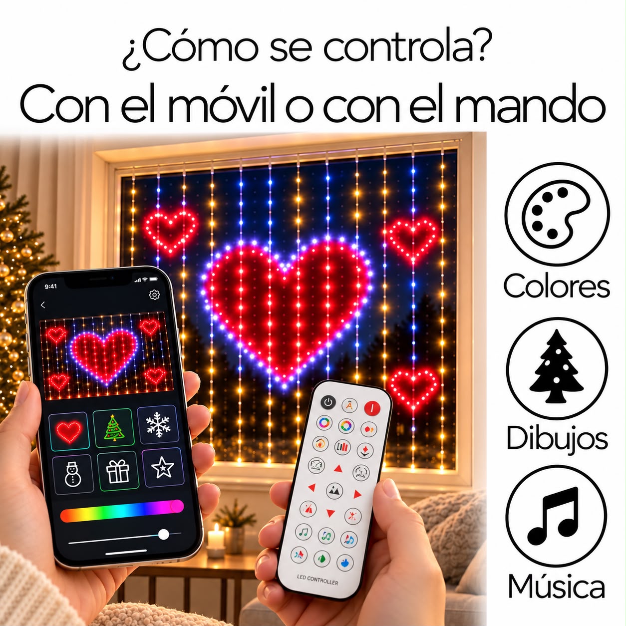 Control por móvil o mando: colores, dibujos y música