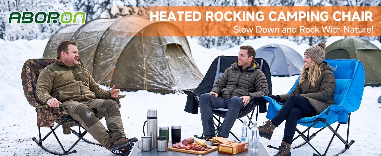 ABORON Heated Rocking Chair, XXL Oversized Folding Outdoor Camping Chair, Padded Lawn Chair - Oxford Fabric, Full Body Cushion, Built-in Cooler, Side Pocket, 400lb Capacity, for Balcony, Patio,Sports Events,Camping Gear【Battery Not Included】sohochic