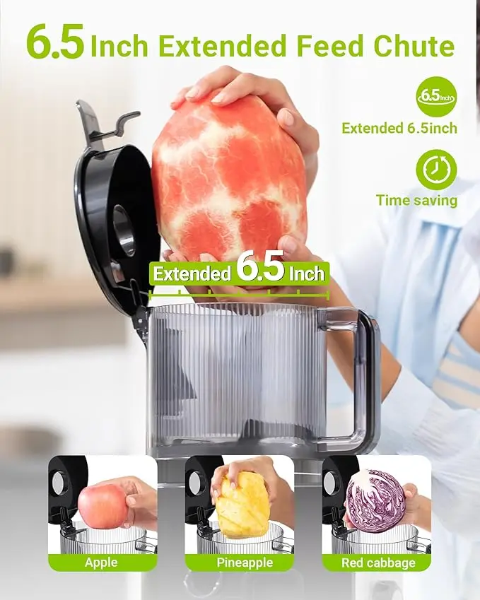 Cold Pressed Juicer - 6.5 in Extra Large Feed Chute Kitchen Accessories, Knob Control Adjustable Speed, Whole Fruit & Vegetable Compatible, Easy to Clean, High Juice Yield, BPA Free, Ideal for Fitness Routines & Gifting, Meal Prep & Family Meals