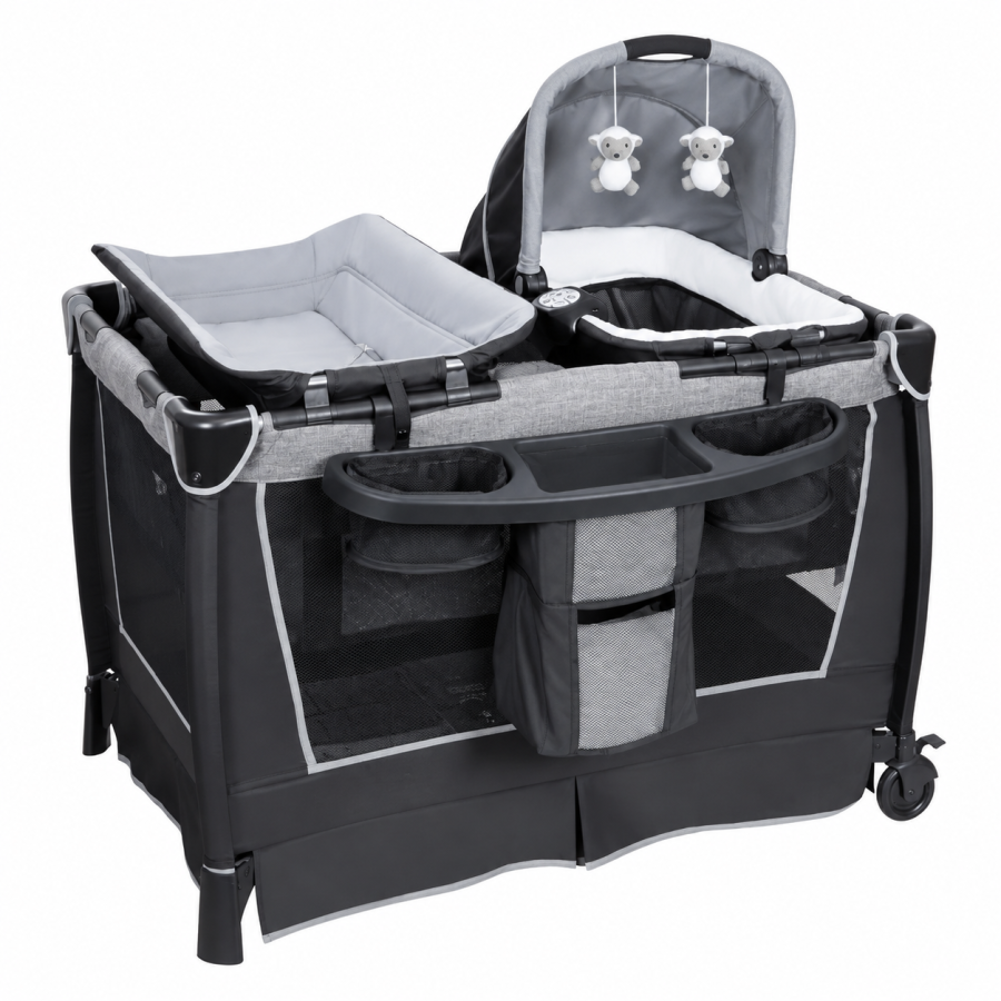 Whisper Grey nursery center with bassinet, changing table, organizer and wheels