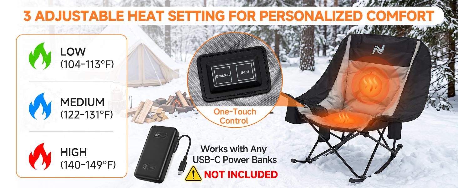 ABORON Heated Rocking Chair, XXL Oversized Folding Outdoor Camping Chair, Padded Lawn Chair - Oxford Fabric, Full Body Cushion, Built-in Cooler, Side Pocket, 400lb Capacity, for Balcony, Patio,Sports Events,Camping Gear【Battery Not Included】sohochic