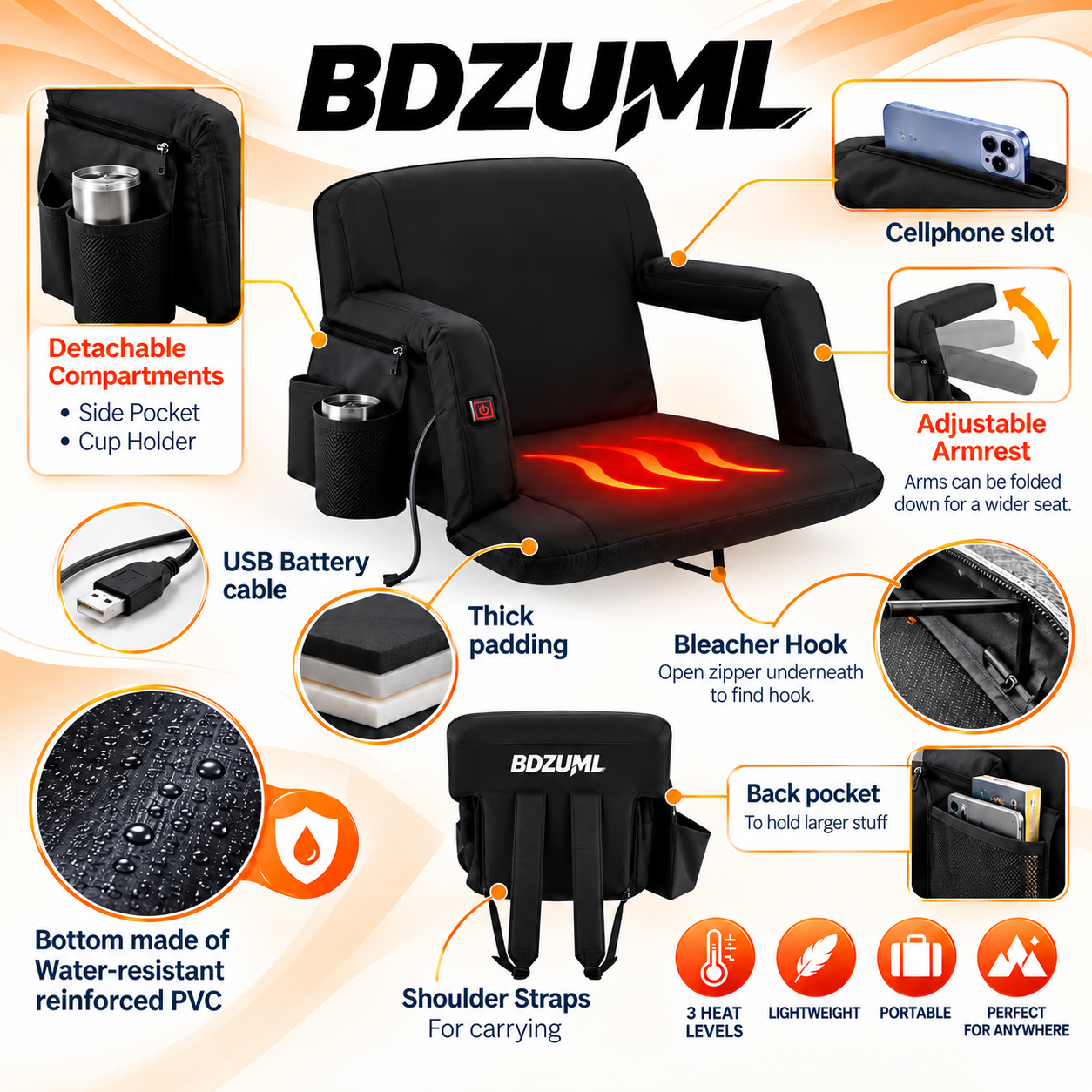 Heated seat features including storage pockets, folding armrests, shoulder straps and bleacher hook