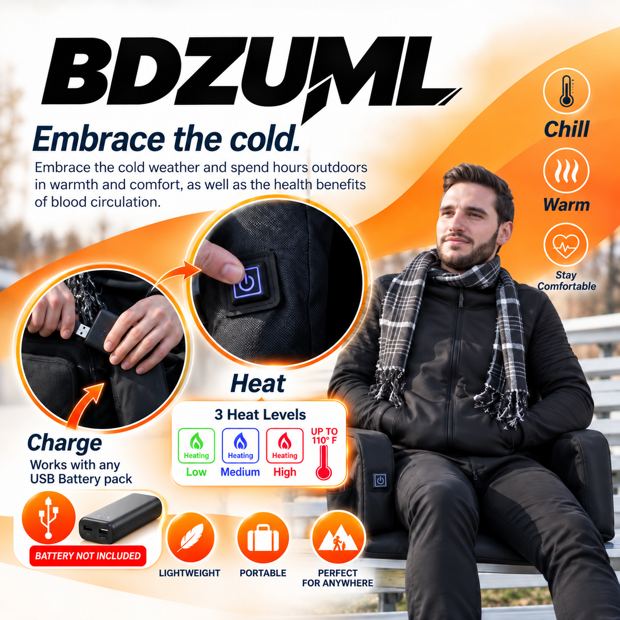 USB powered seat with three heat levels and a maximum heat setting of 110 degrees Fahrenheit