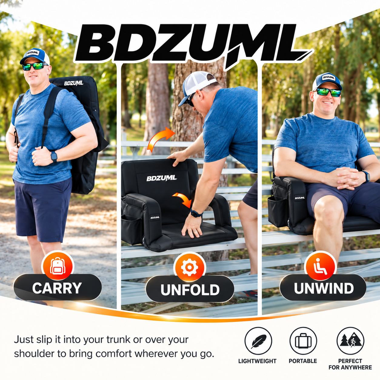 Portable stadium seat shown being carried, unfolded and used on a bench