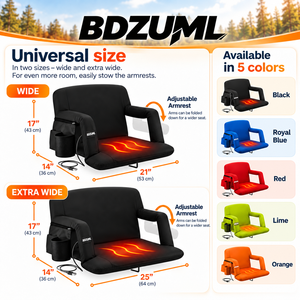 Size and color guide showing Wide and Extra Wide seat designs in five colors