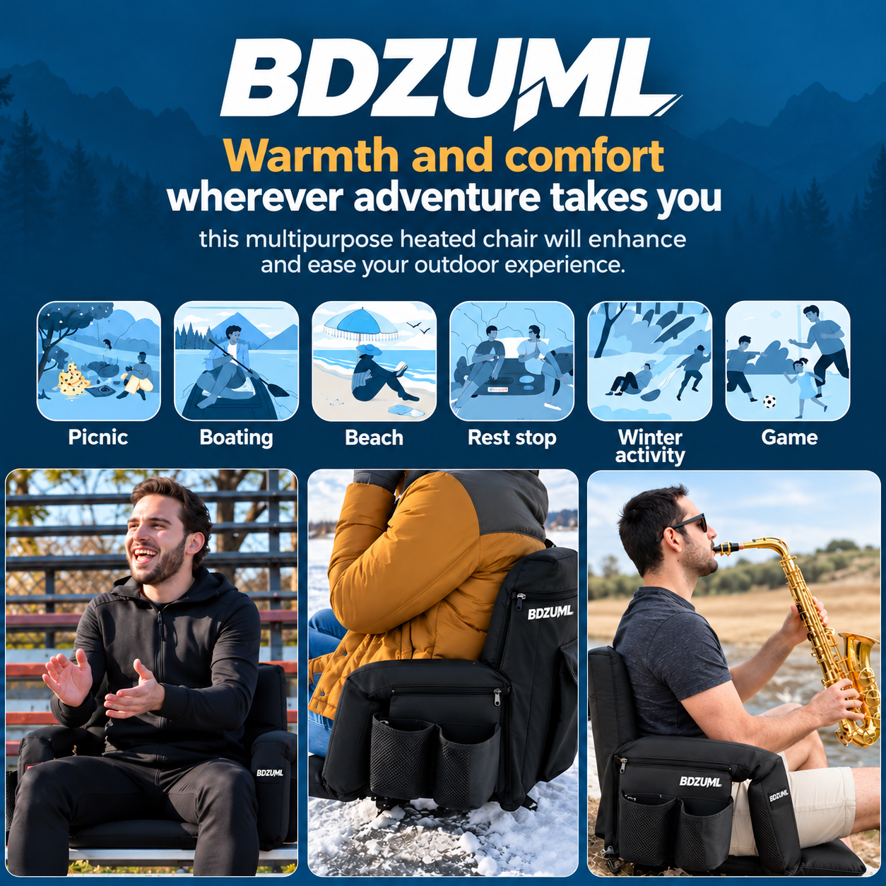 Heated stadium seat shown in outdoor leisure and sporting settings