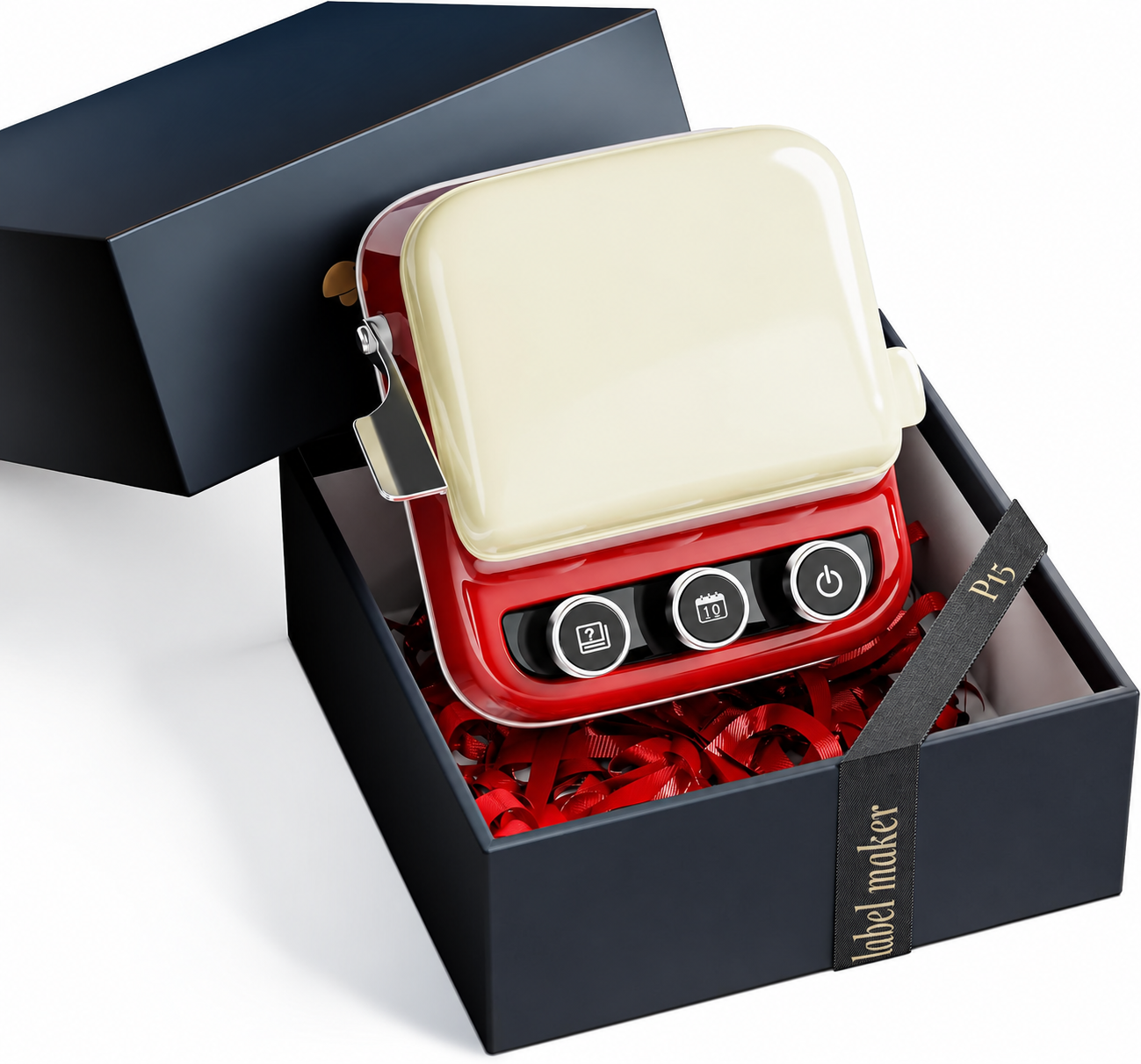 Retro Red P15 printer in its gift box, one label tape set