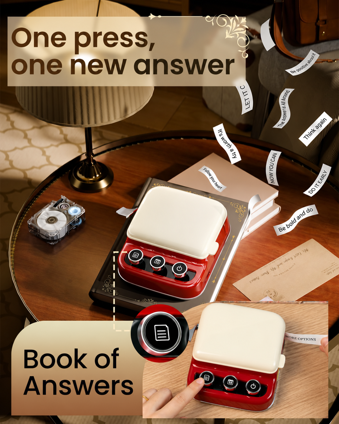 Red P15 printer Book of Answers button and printed messages