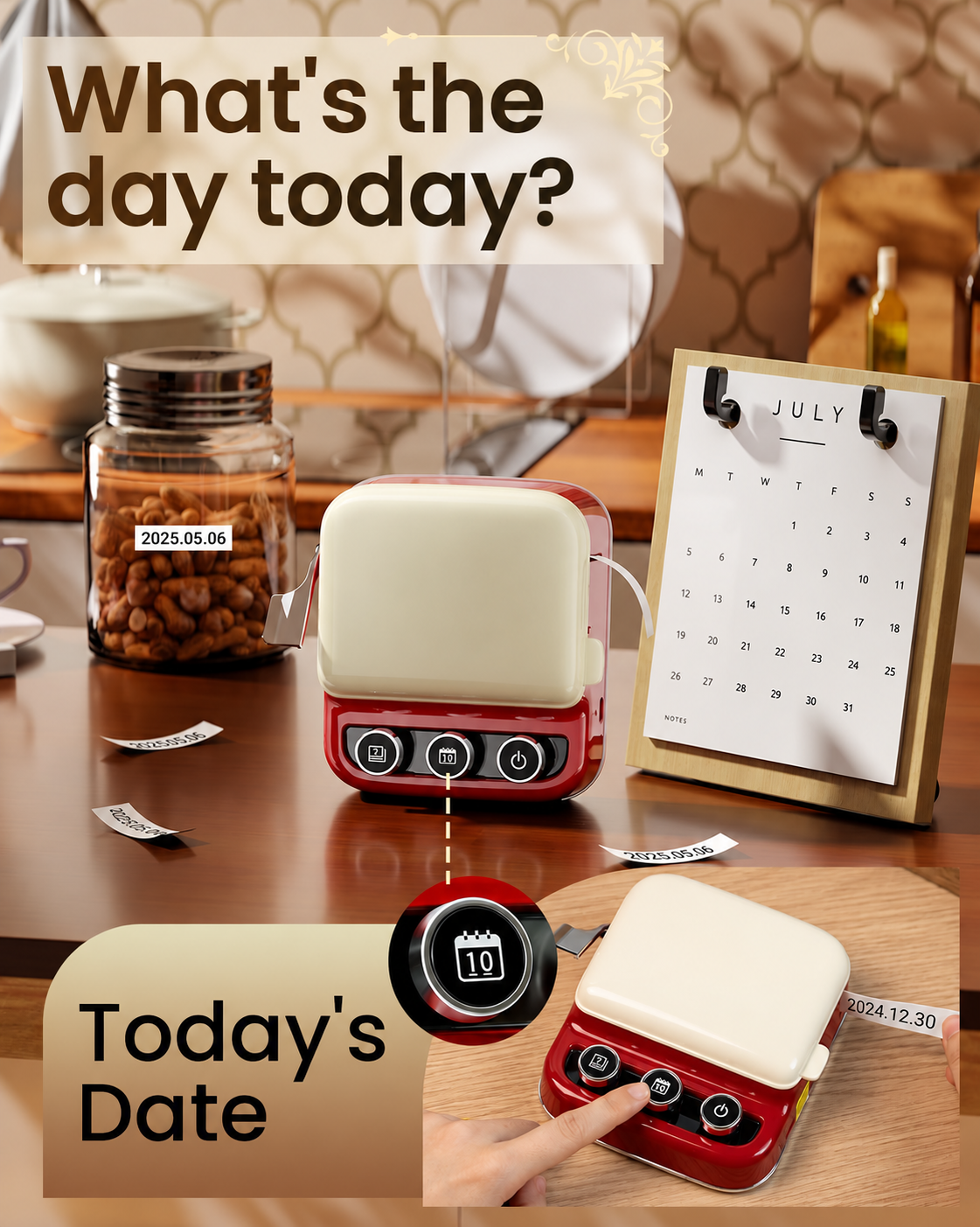 Red P15 printer date button and printed date labels