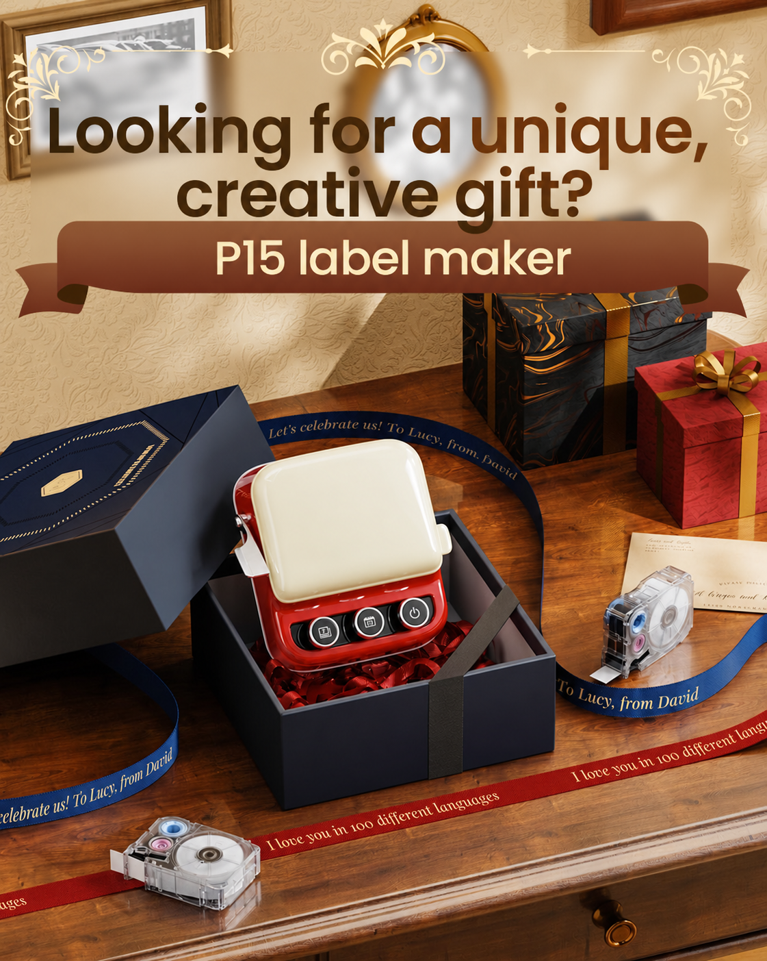 Red P15 printer presented as a personalized gift in a box