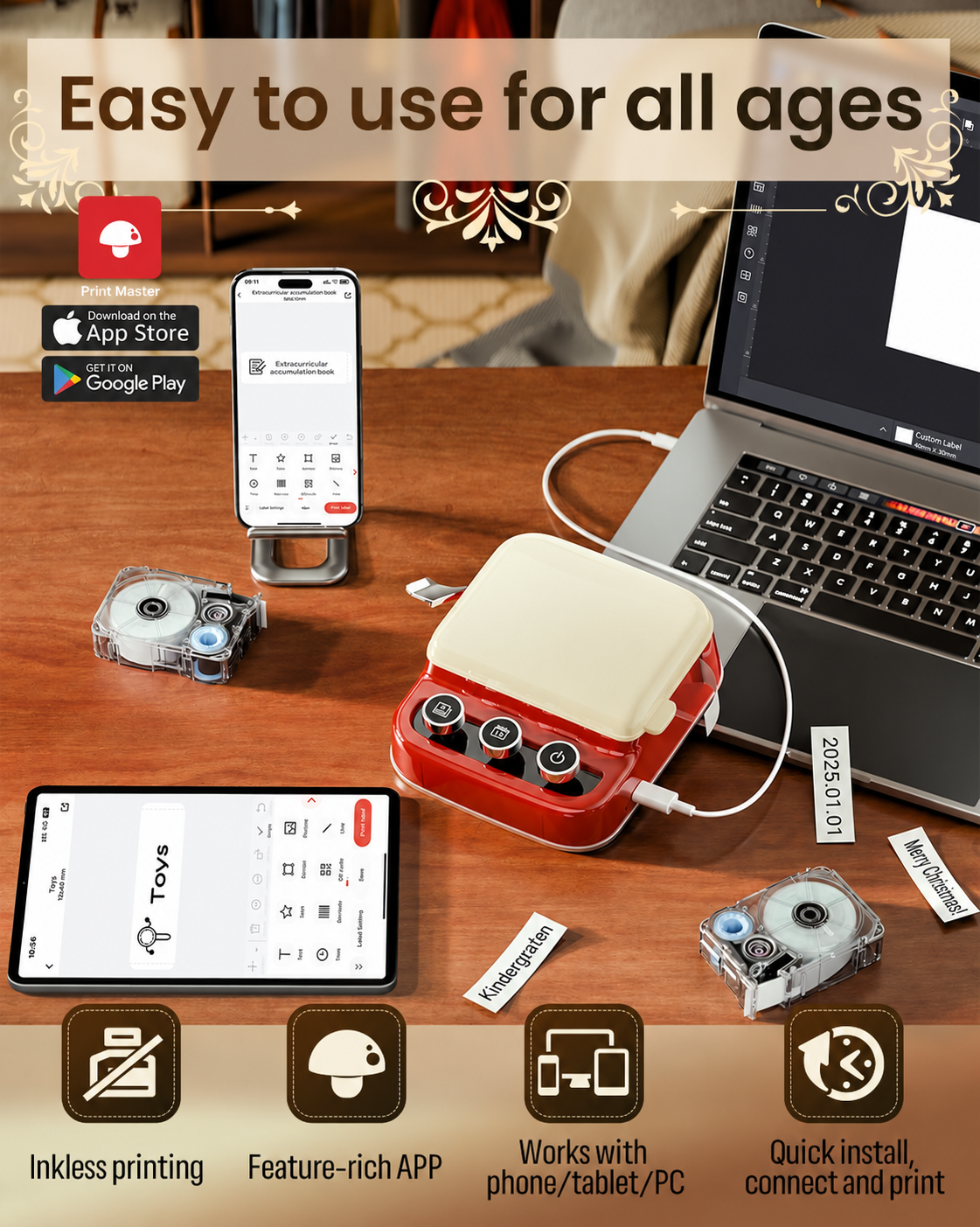 Red P15 printer with devices, label cartridges, and printing features