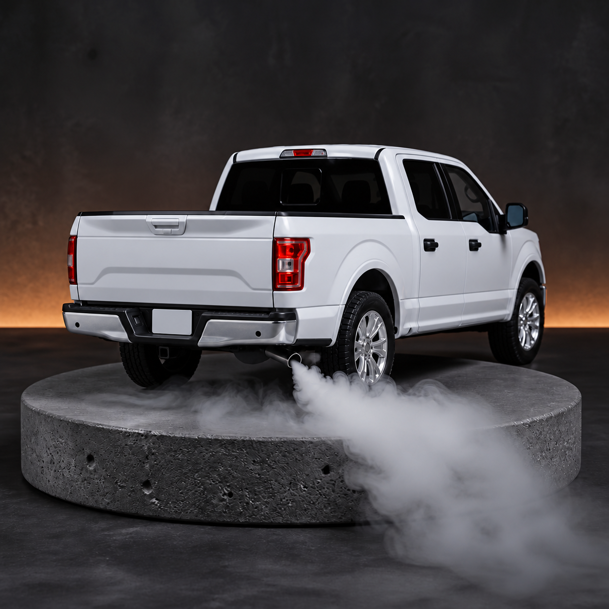 F-150 White truck diffuser, rear view with tailpipe mist