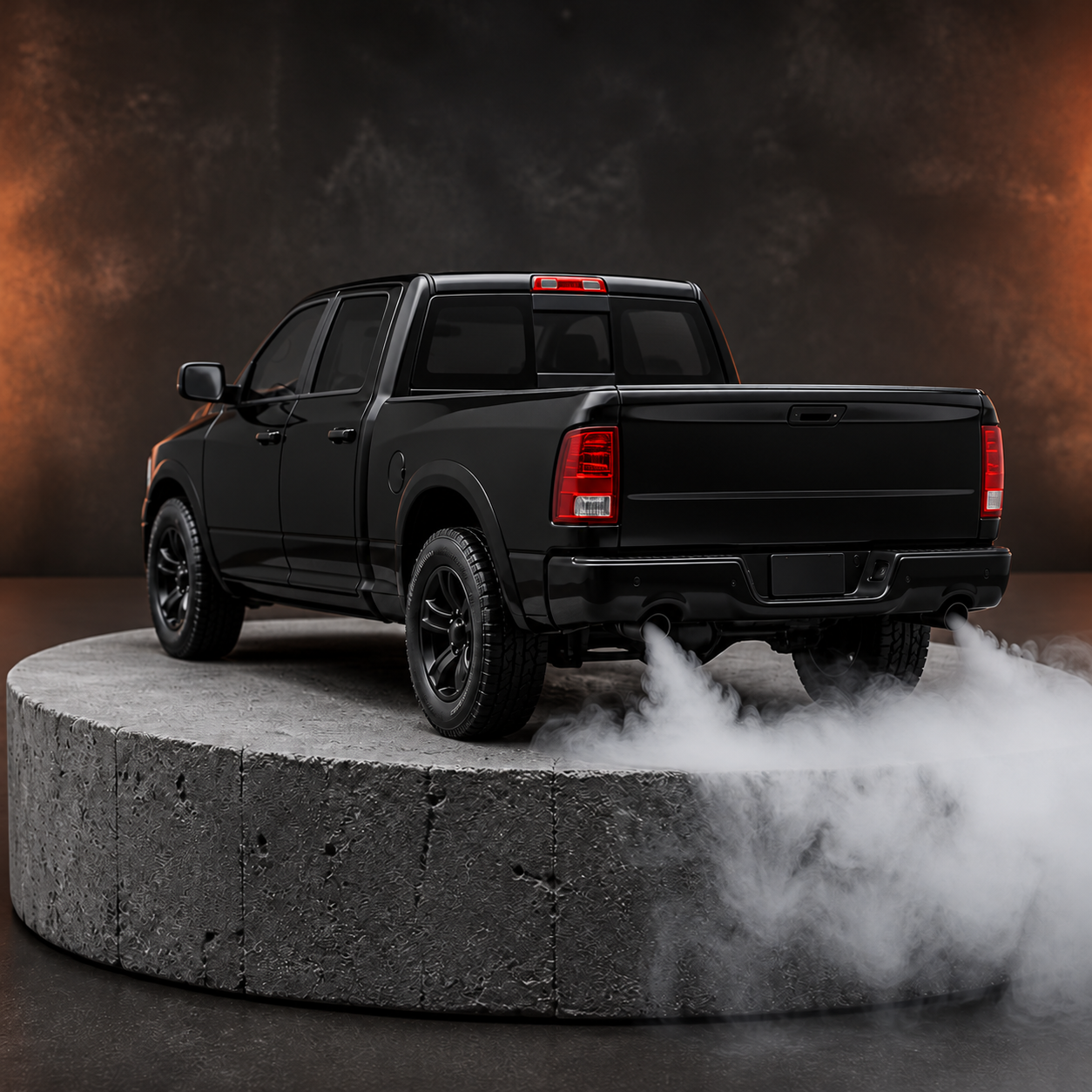 Black Ram truck diffuser, rear view with tailpipe mist