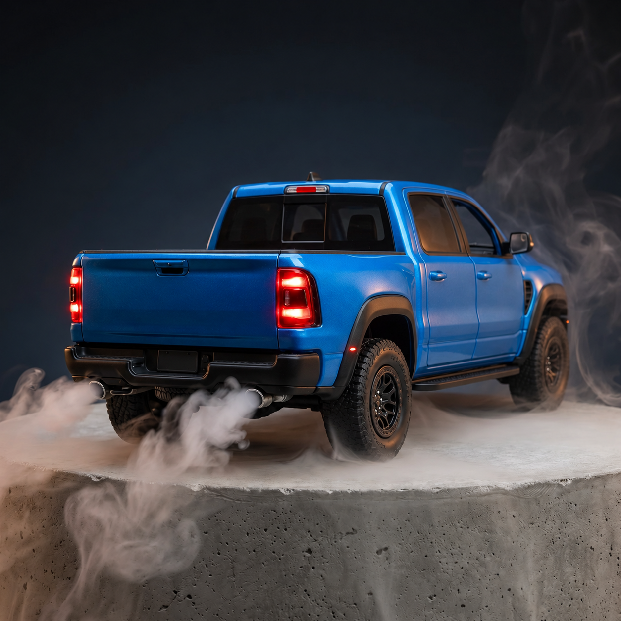 Blue TRX truck diffuser, rear view with tailpipe mist