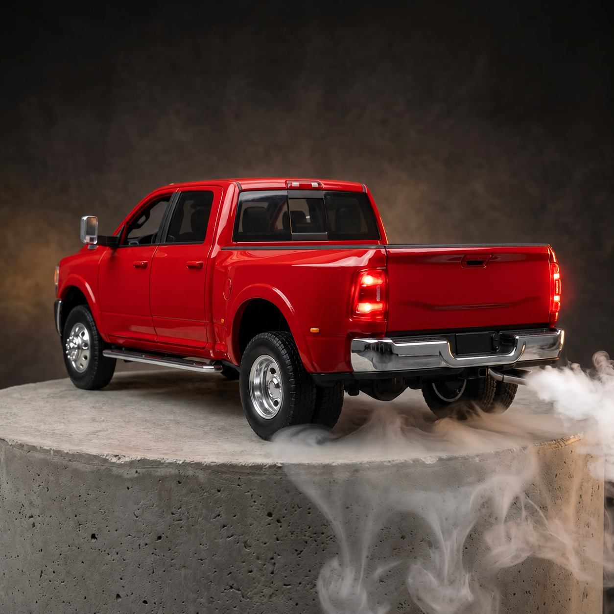 Red Ram truck diffuser, rear view with tailpipe mist