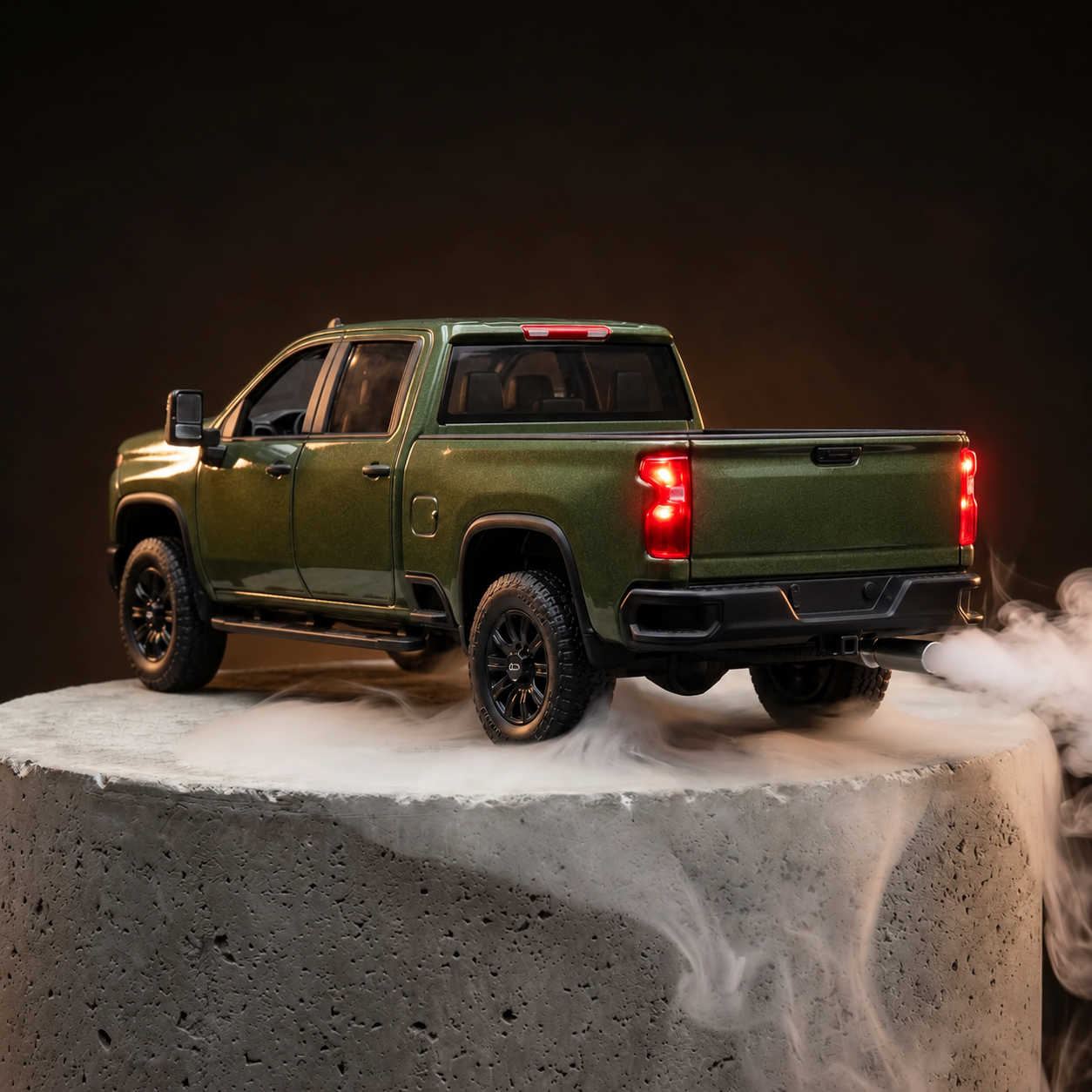 Silverado truck diffuser, rear view with tailpipe mist