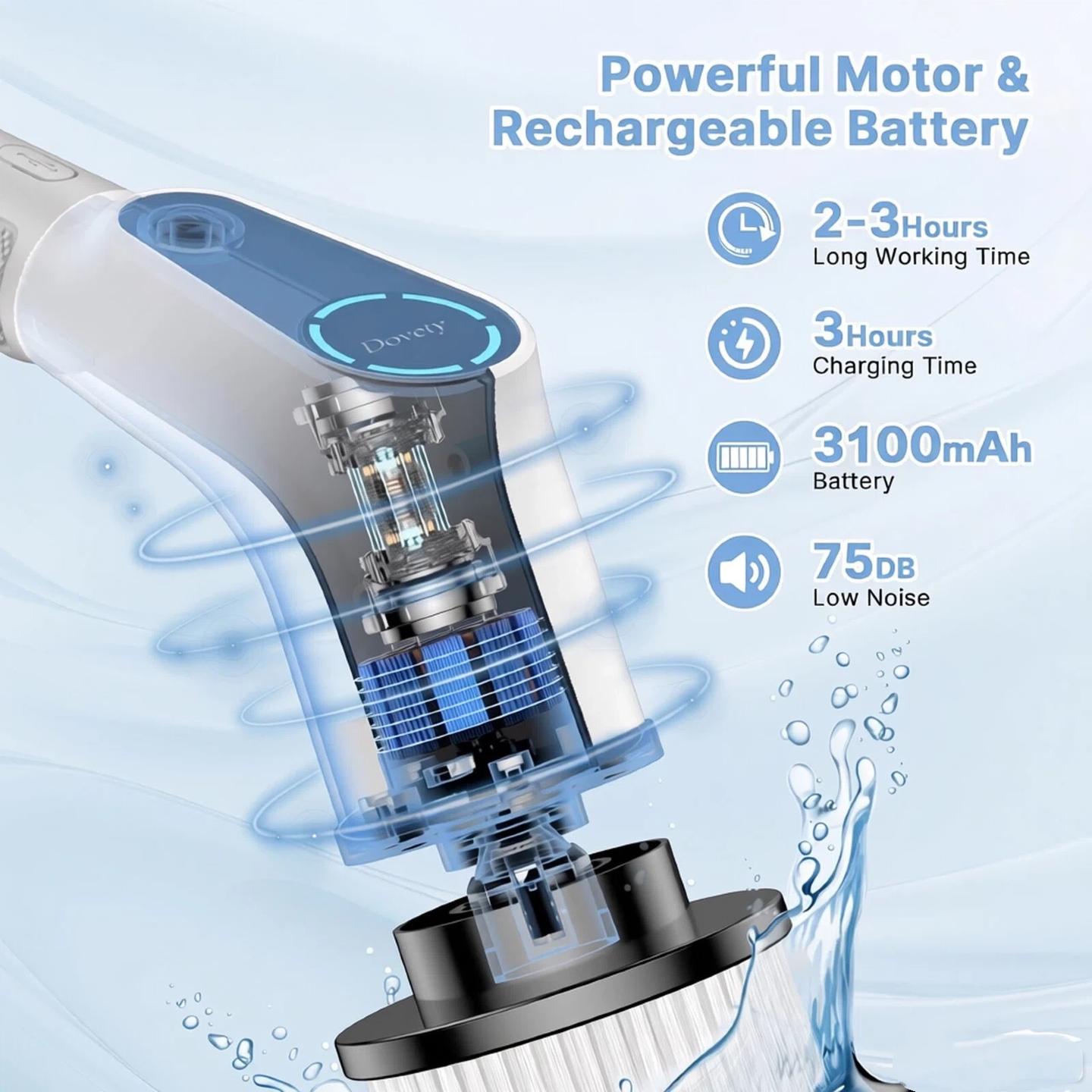 Dovety Cordless Handheld Electric Spin Scrubber Cleaning Set - 8 Replacement Heads, 2 Adjustable Low/High Speeds for Tasks, Extension Handle, Fast Charge Tool for Bathroom, Car, Households