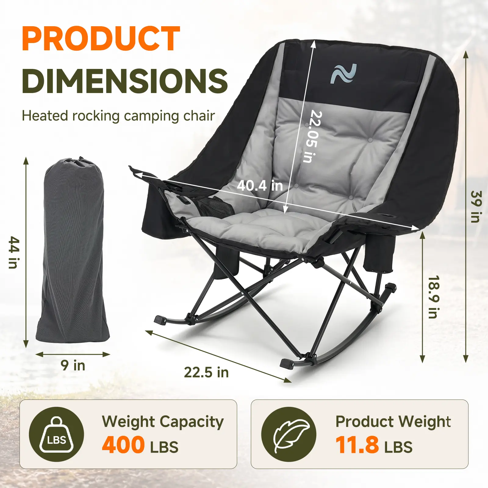 XXL Heated Folding Rocking Camping Chair, Dual-Zone Heating, Built-in Cooler, 400lb Capacity