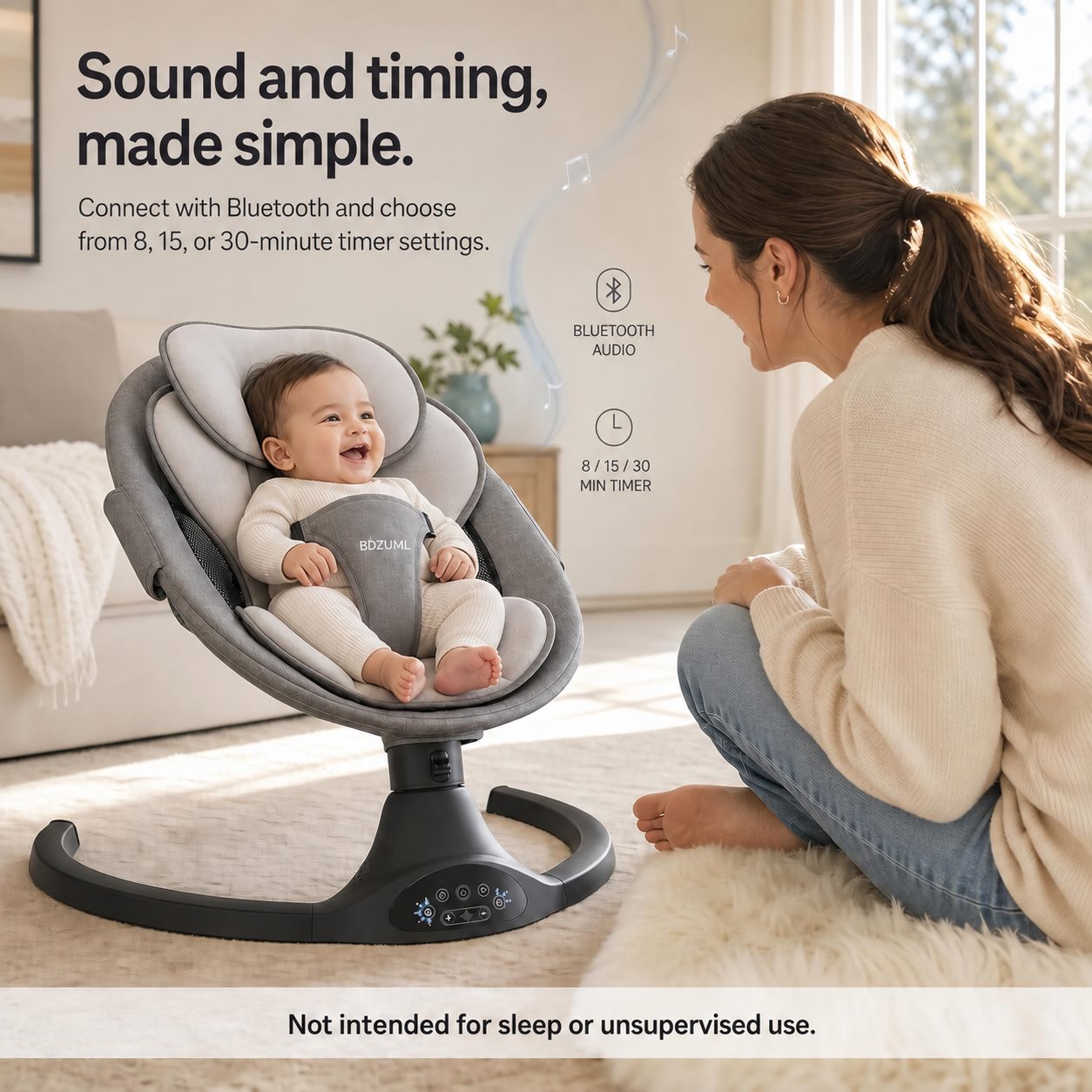 BDZUML baby swing with Bluetooth audio and timer functions