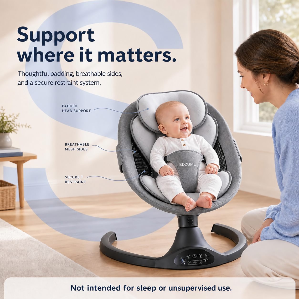 BDZUML padded baby swing seat with breathable mesh and harness